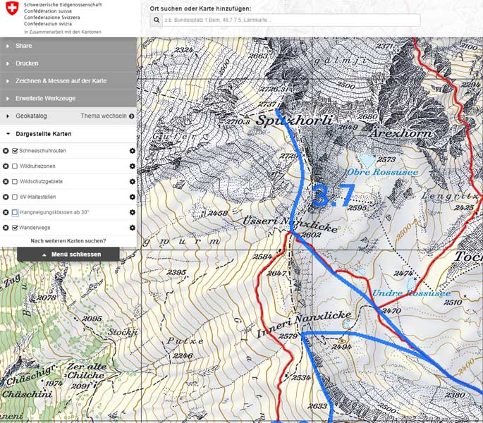 Karte geo.admin.ch mit Schneeschuhrouten und Wanderwegen